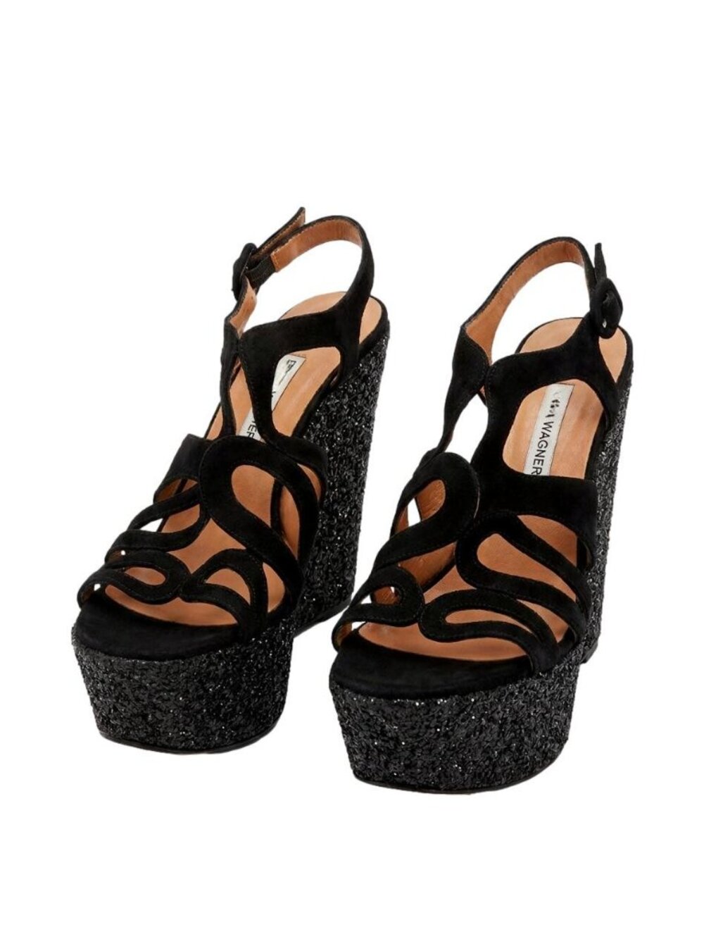 Alexa Wagner Black Suede Glitter Platform Wedge Sandals Made In Italy 40 9.5